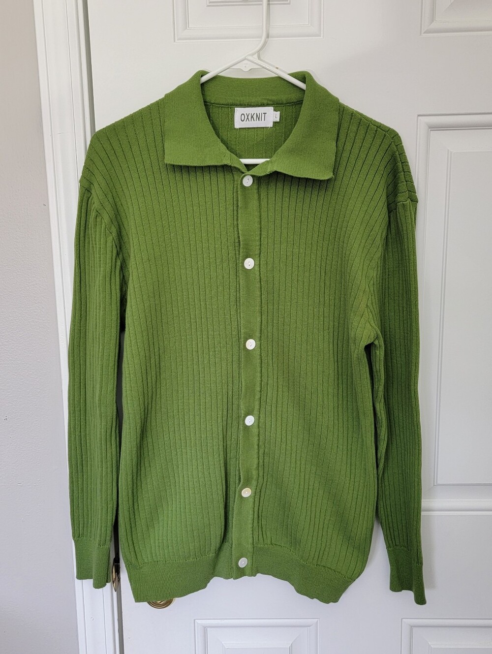 OXKNIT Green Ribbed Knit Button-Front Collared Cotton Cardigan Sweater Mens L